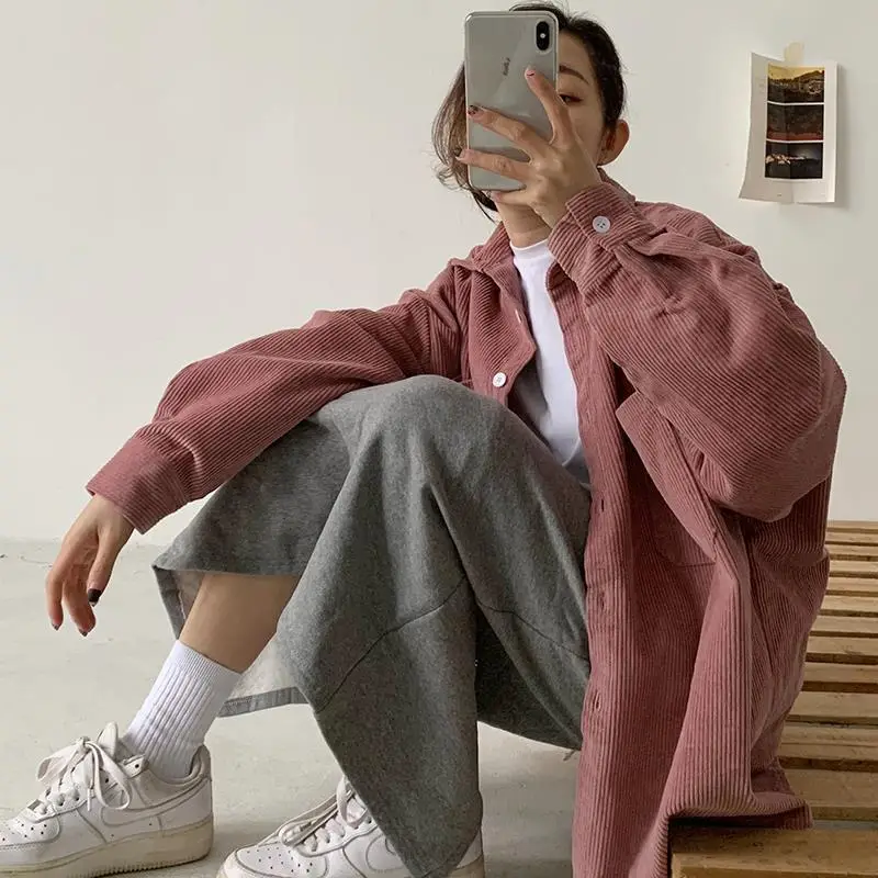 Long Sleeve Corduroy Shirt for Women Pink Loose Fit - Image 5