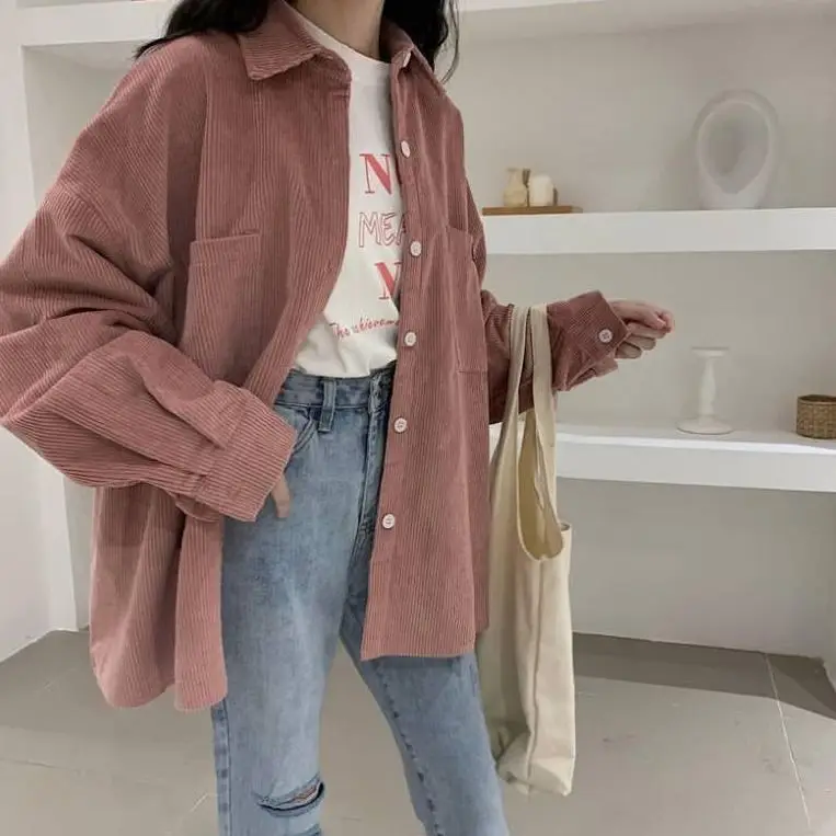 Long Sleeve Corduroy Shirt for Women Pink Loose Fit - Image 6