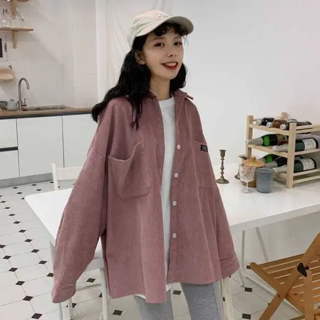 Long Sleeve Corduroy Shirt for Women Pink Loose Fit - Image 7