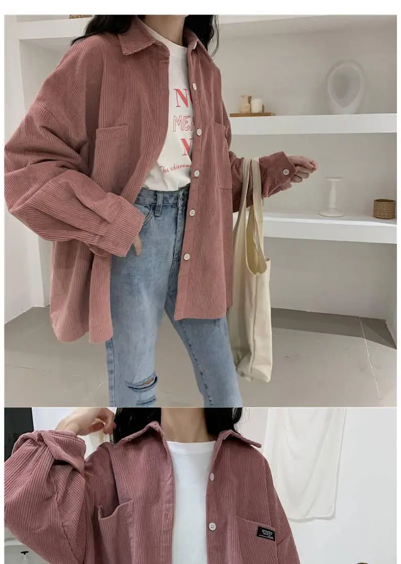 Long Sleeve Corduroy Shirt for Women Pink Loose Fit — feature 1