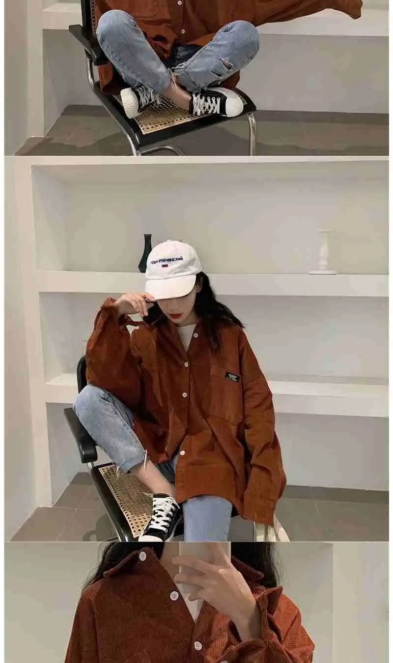 Long Sleeve Corduroy Shirt for Women Pink Loose Fit — feature 12