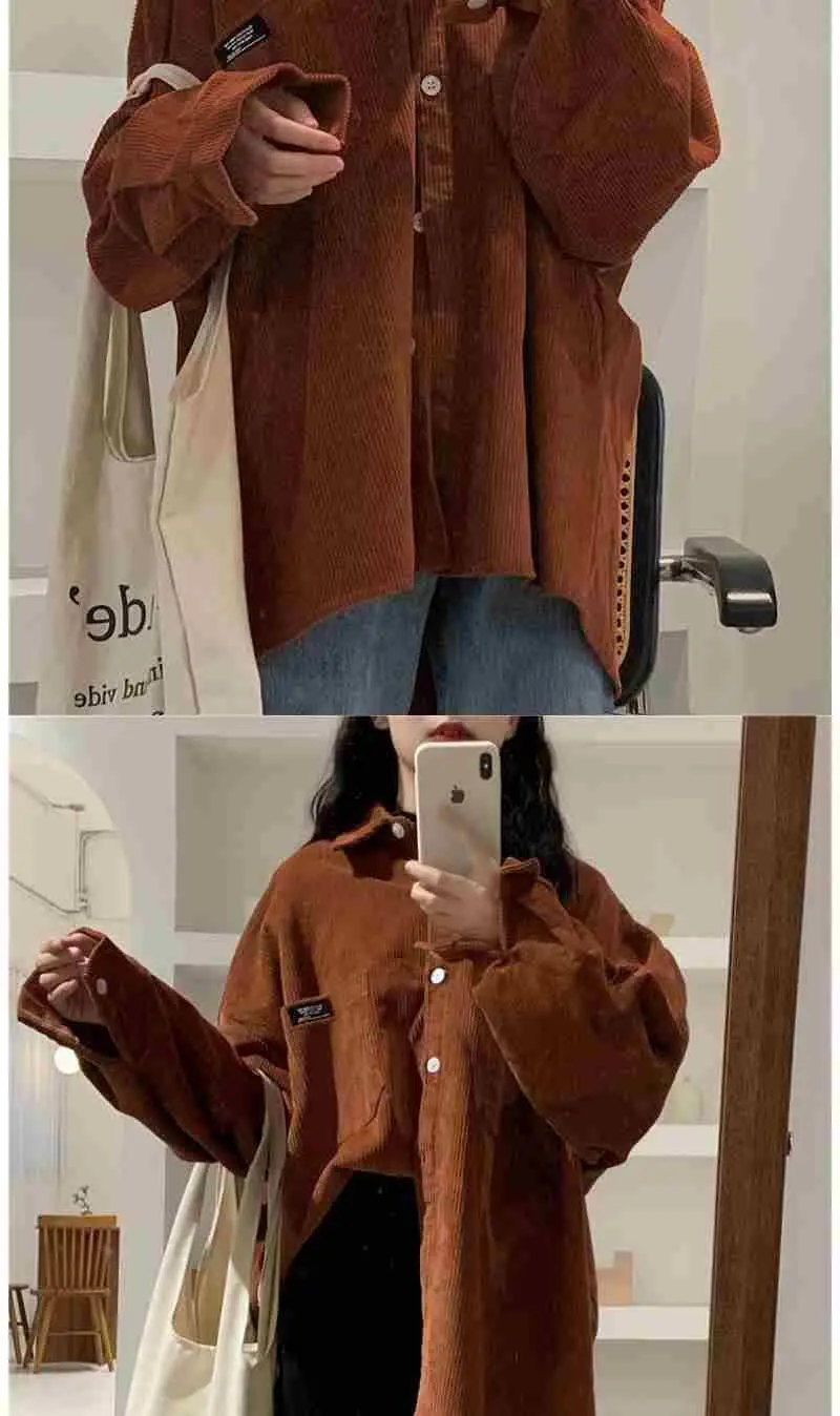 Long Sleeve Corduroy Shirt for Women Pink Loose Fit — feature 13