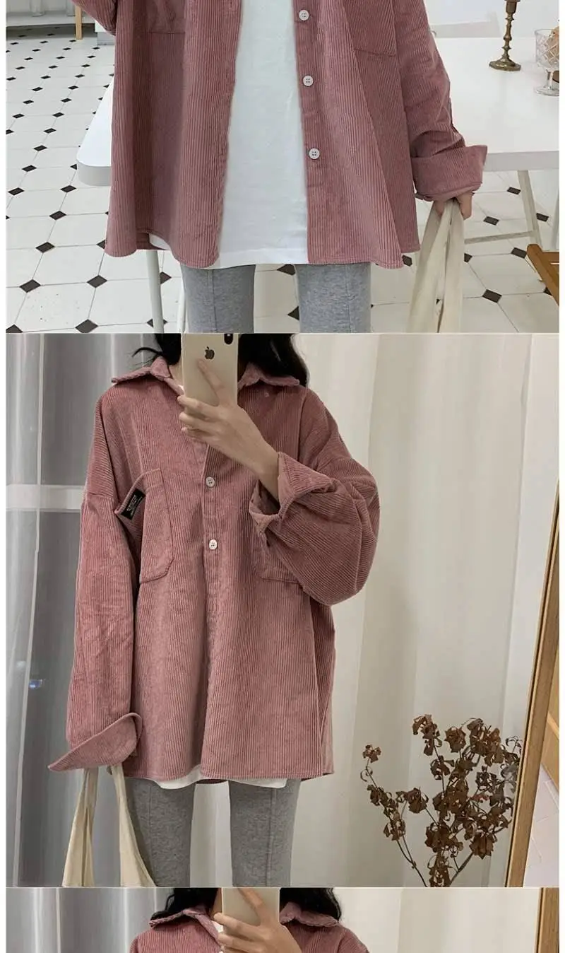 Long Sleeve Corduroy Shirt for Women Pink Loose Fit — feature 2