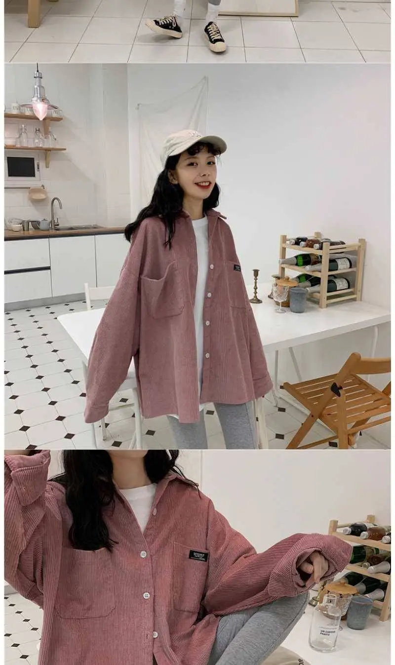 Long Sleeve Corduroy Shirt for Women Pink Loose Fit — feature 4