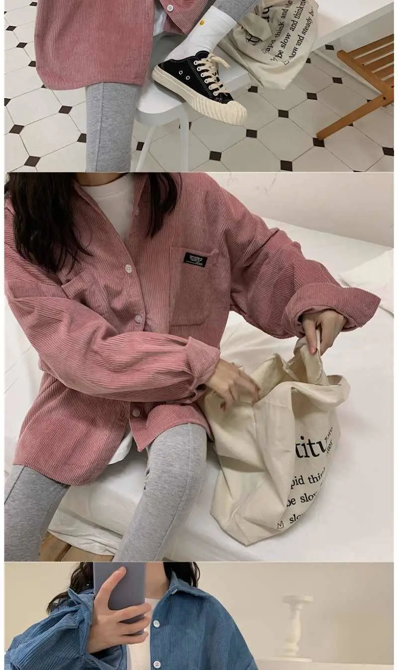 Long Sleeve Corduroy Shirt for Women Pink Loose Fit — feature 5