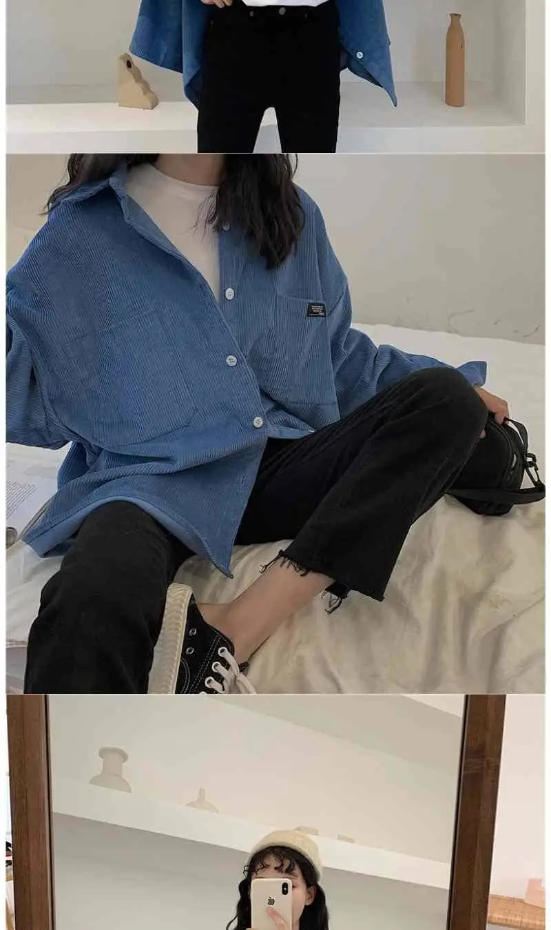 Long Sleeve Corduroy Shirt for Women Pink Loose Fit — feature 8