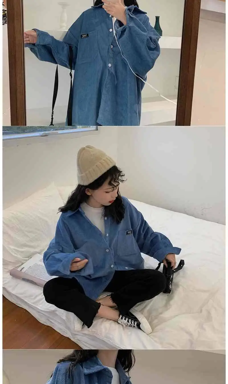 Long Sleeve Corduroy Shirt for Women Pink Loose Fit — feature 9