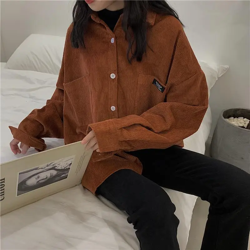 Long Sleeve Corduroy Shirt for Women Pink Loose Fit - Image 3
