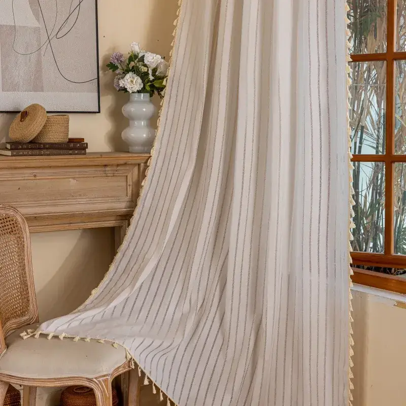 Nordic Striped Cotton Linen Curtain Grey Floating Design - Image 15