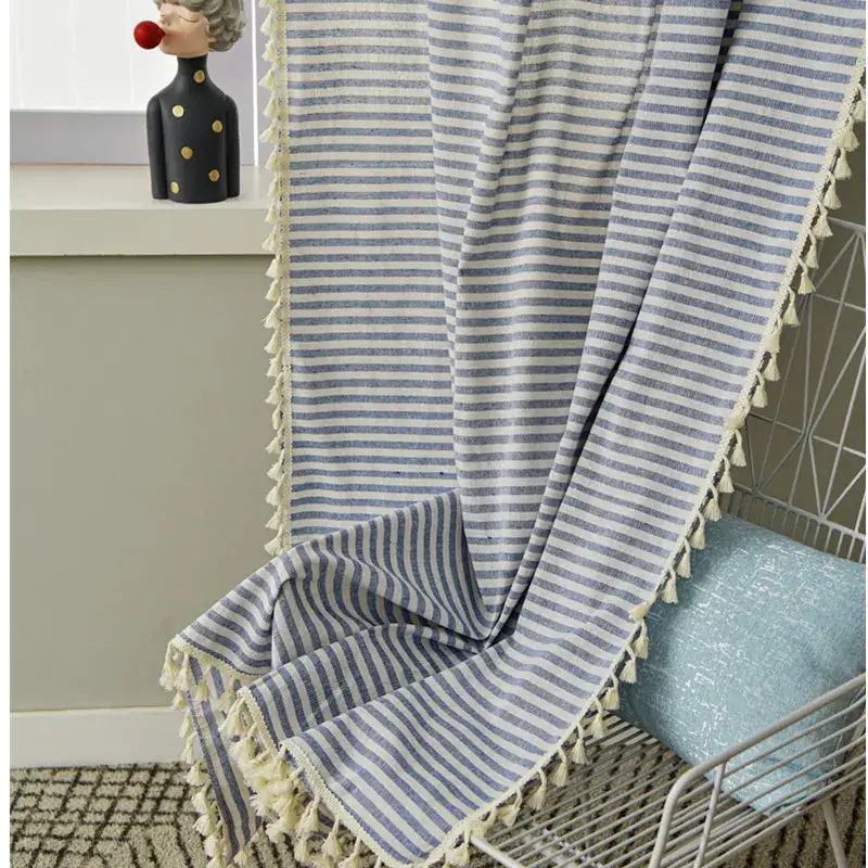 Nordic Striped Cotton Linen Curtain Grey Floating Design - Image 4
