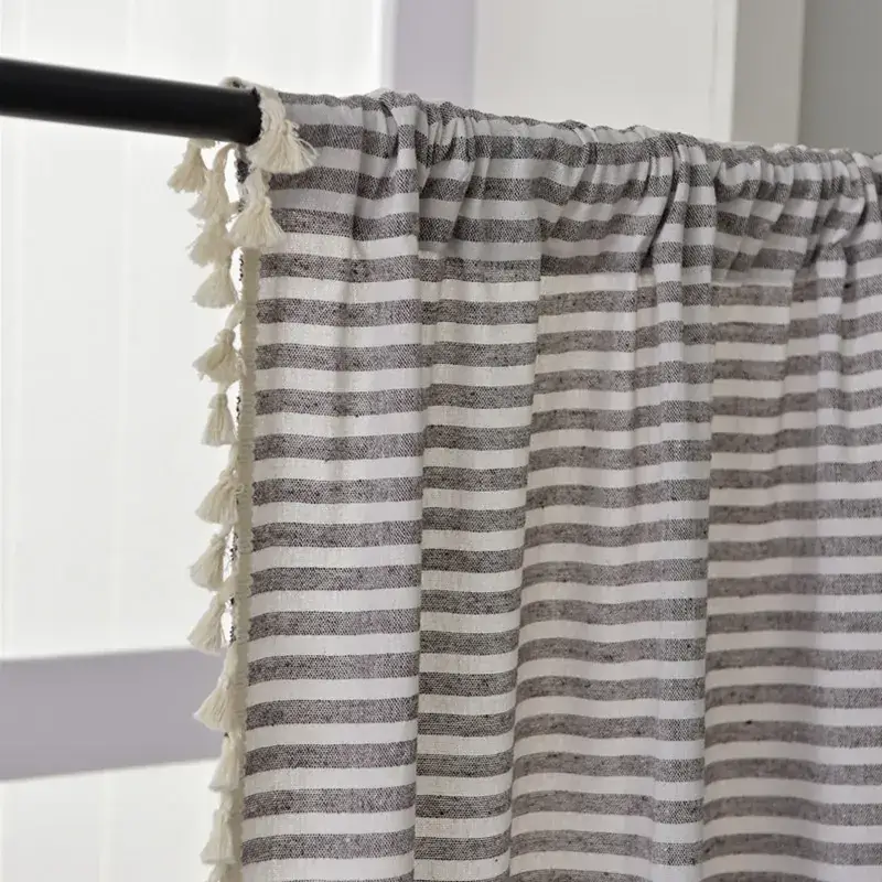 Nordic Striped Cotton Linen Curtain Grey Floating Design - Image 5