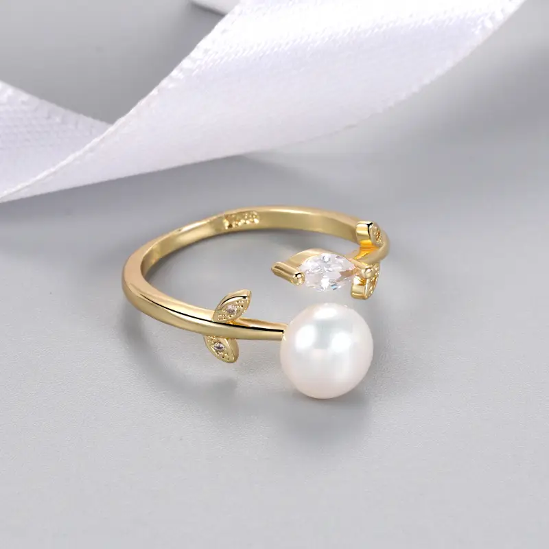 Gold Plated Pearl Zircon Adjustable Ring for Women