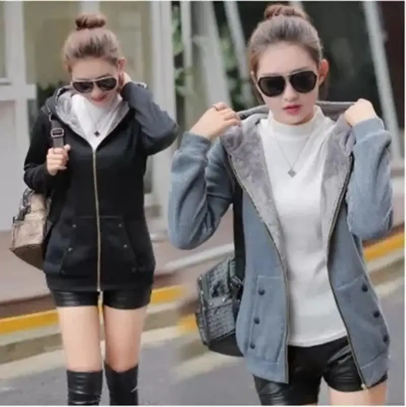 Women Fleece Lined Hoodie Winter Coat Gray Mid Length - Image 9