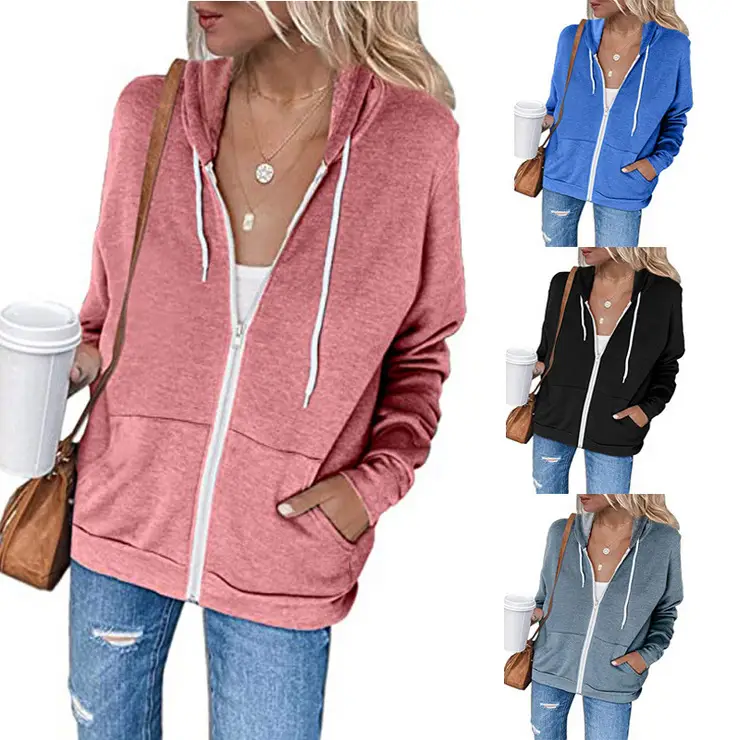 Pink Full Zip Hoodie for Women with Pocket & Drawstring — feature 2