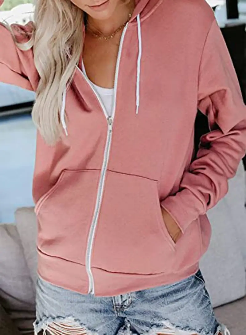 Pink Full Zip Hoodie for Women with Pocket & Drawstring — feature 3