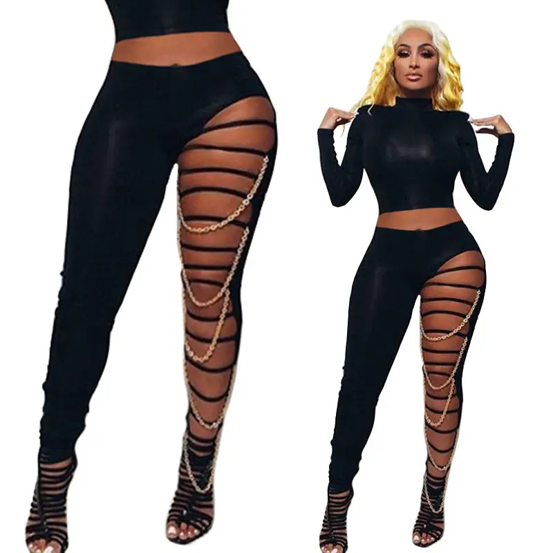 Black Ripped Leggings with Long Sleeve Top Set