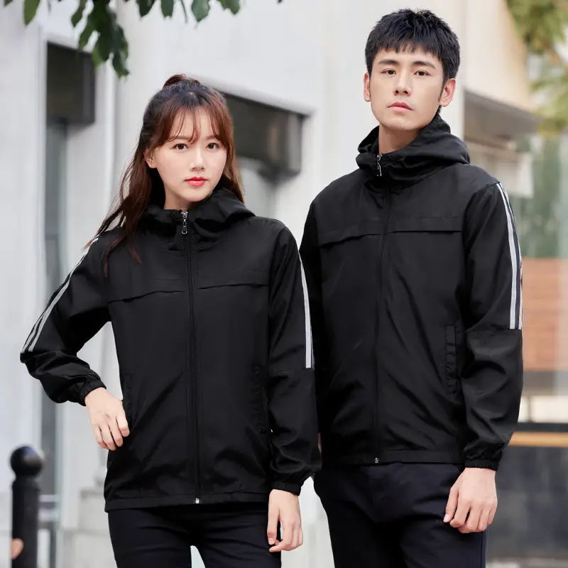 Black Full-Zip Hooded Trench Coat for Men Women - Image 11