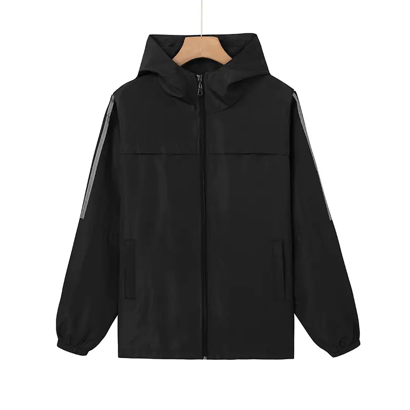 Black Full-Zip Hooded Trench Coat for Men Women - Image 3