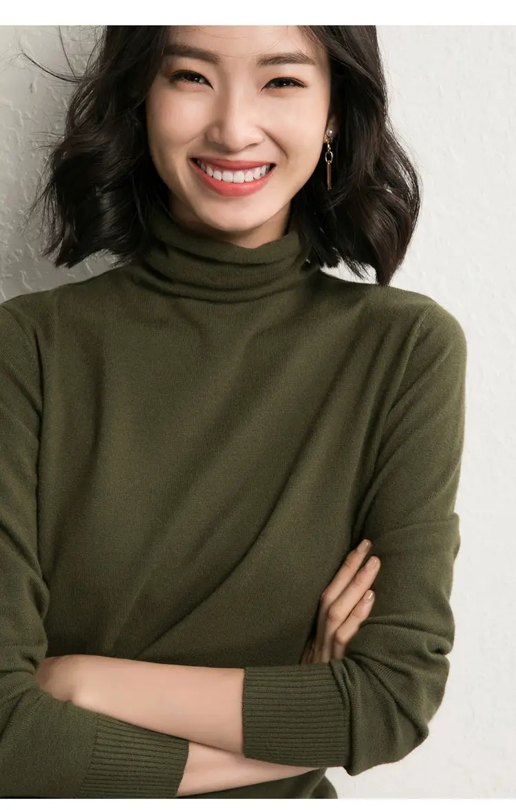 Women's Fall Woolen Collar Sweater Olive Green Slim Fit — feature 26
