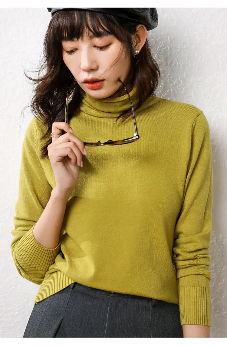 Women's Fall Woolen Collar Sweater Olive Green Slim Fit — feature 6
