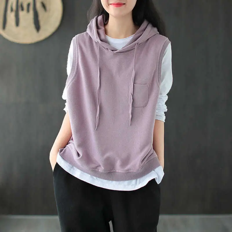 Women Hooded Sleeveless Vest Lavender Cotton Spring Autumn
