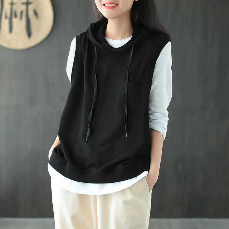 Women Hooded Sleeveless Vest Lavender Cotton Spring Autumn
