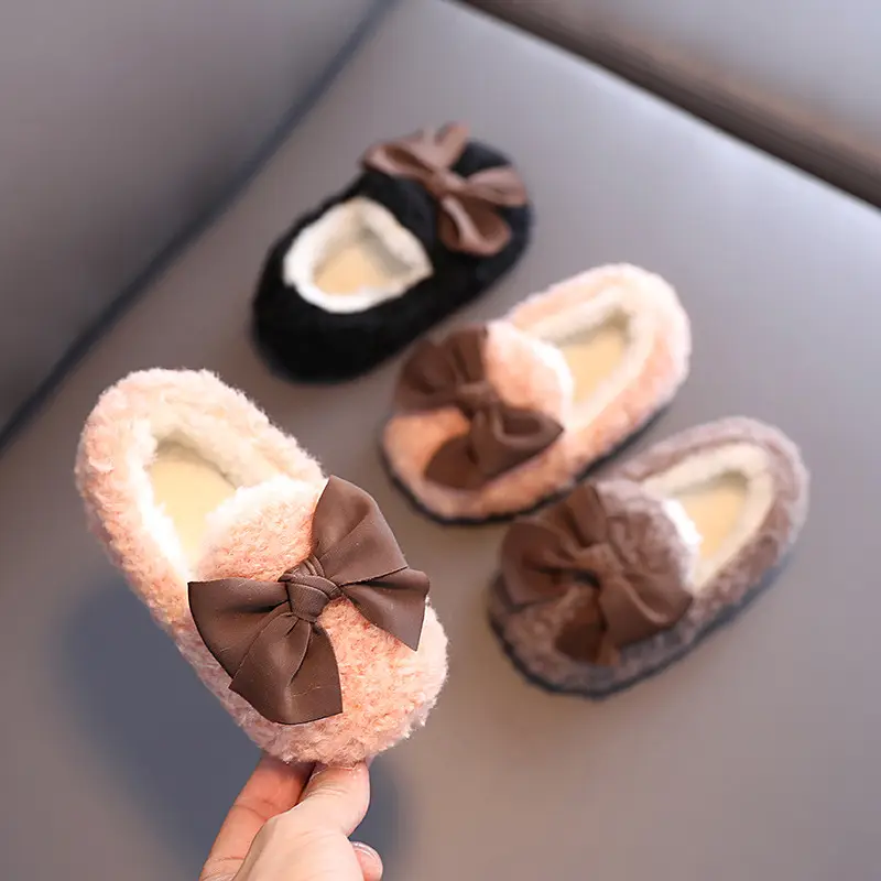 Furry Bow Baby Shoes for Girls Soft Fleece Lined
