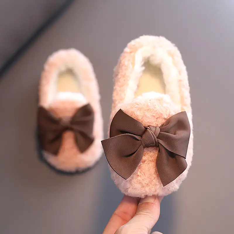 Furry Bow Baby Shoes for Girls Soft Fleece Lined