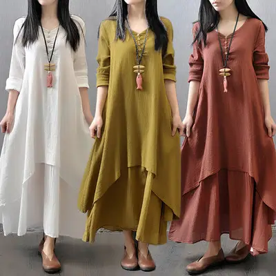 2025 Long Flared Linen Dress Artistic Loose Sleeve