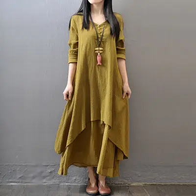 2025 Long Flared Linen Dress Artistic Loose Sleeve