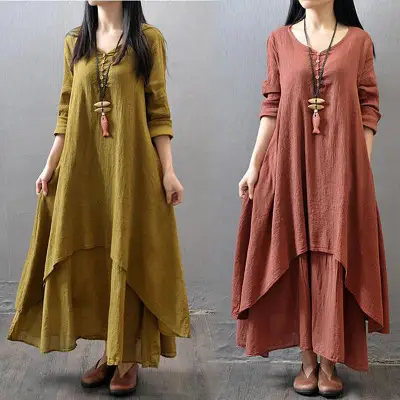 2025 Long Flared Linen Dress Artistic Loose Sleeve