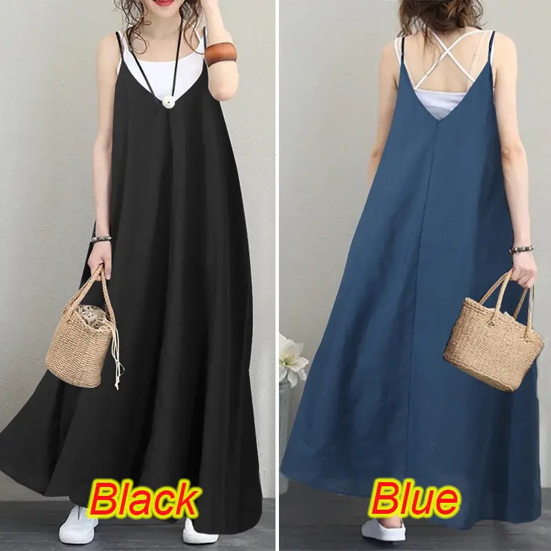 2020 Women V-Neck Long Dress Black Blue Loose Sleeveless Party Wear - Image 5