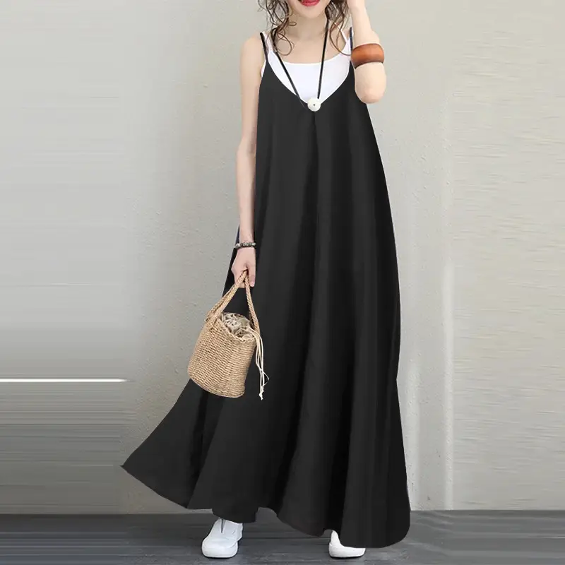 2020 Women V-Neck Long Dress Black Blue Loose Sleeveless Party Wear - Image 7