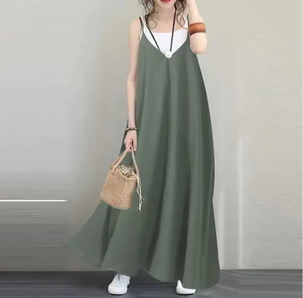 2020 Women V-Neck Long Dress Black Blue Loose Sleeveless Party Wear - Image 3