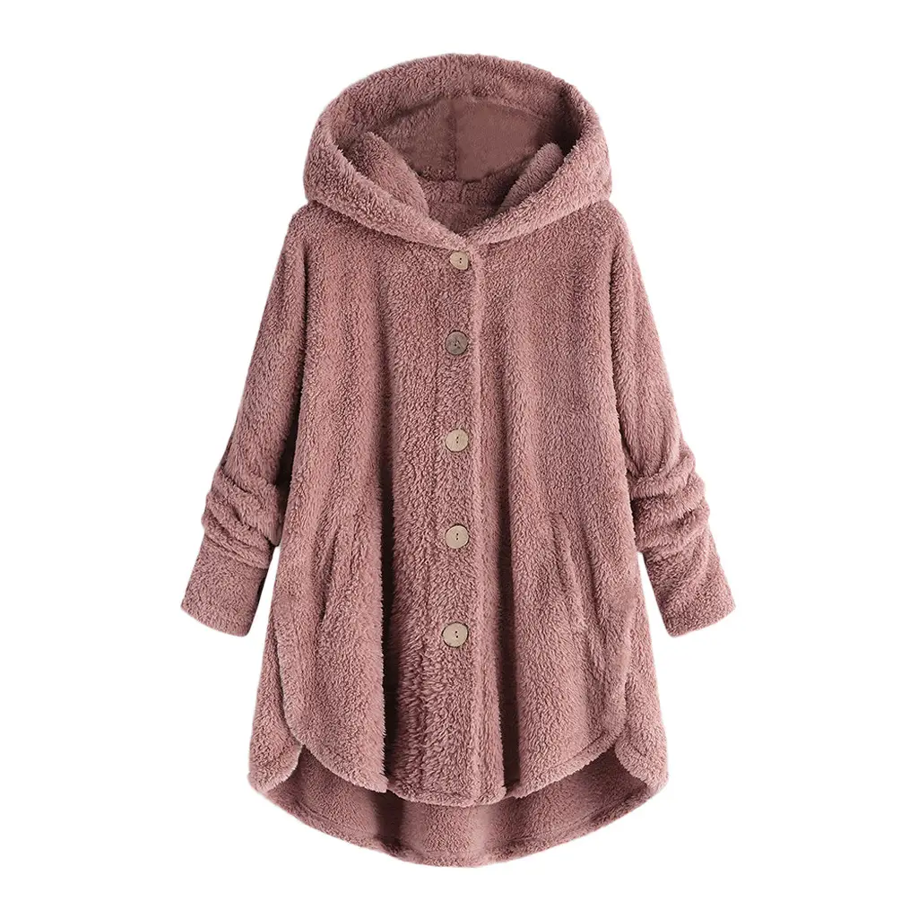 Women Button Plush Hooded Jacket Maroon 2025 Winter — feature 11
