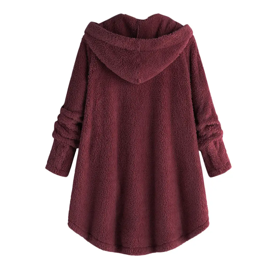 Women Button Plush Hooded Jacket Maroon 2025 Winter — feature 8