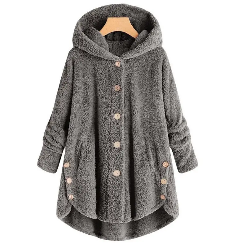 Women Button Plush Hooded Jacket Maroon 2025 Winter - Image 9