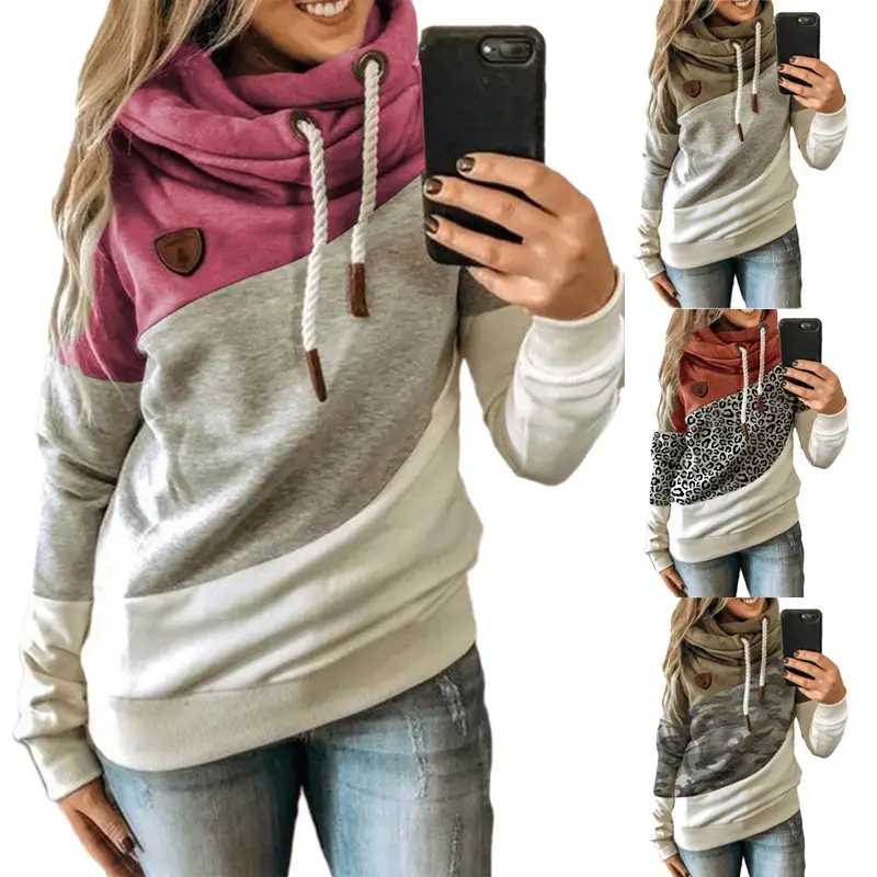 Women's Leopard Print Hooded Fleece Sweater White Beige