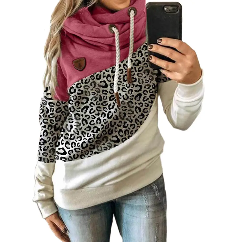 Women's Leopard Print Hooded Fleece Sweater White Beige