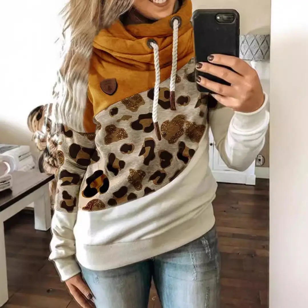 Women's Leopard Print Hooded Fleece Sweater White Beige