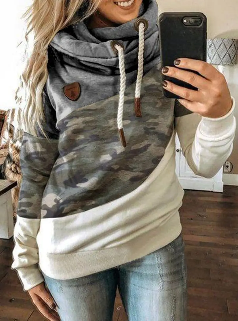 Women's Leopard Print Hooded Fleece Sweater White Beige