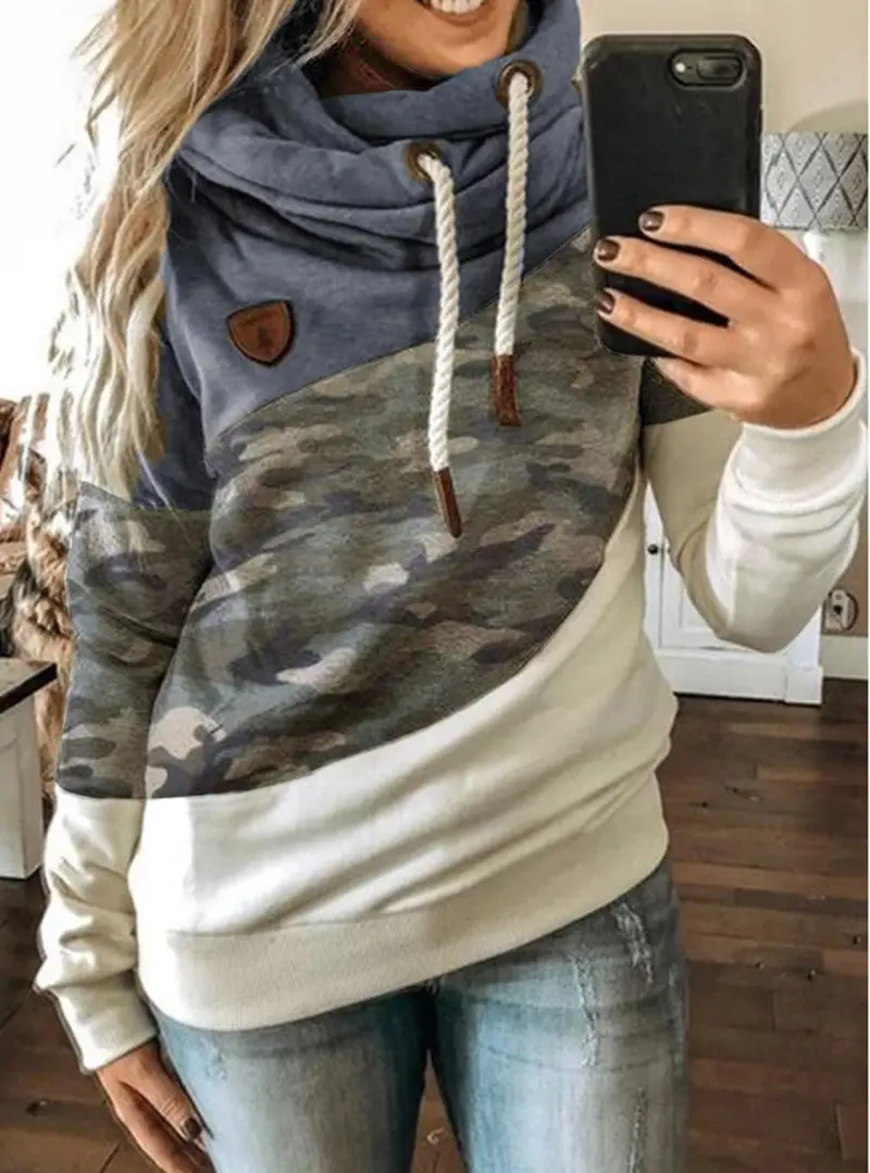 Women's Leopard Print Hooded Fleece Sweater White Beige