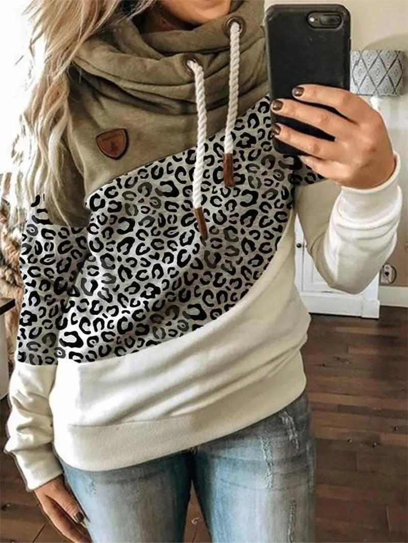 Women's Leopard Print Hooded Fleece Sweater White Beige