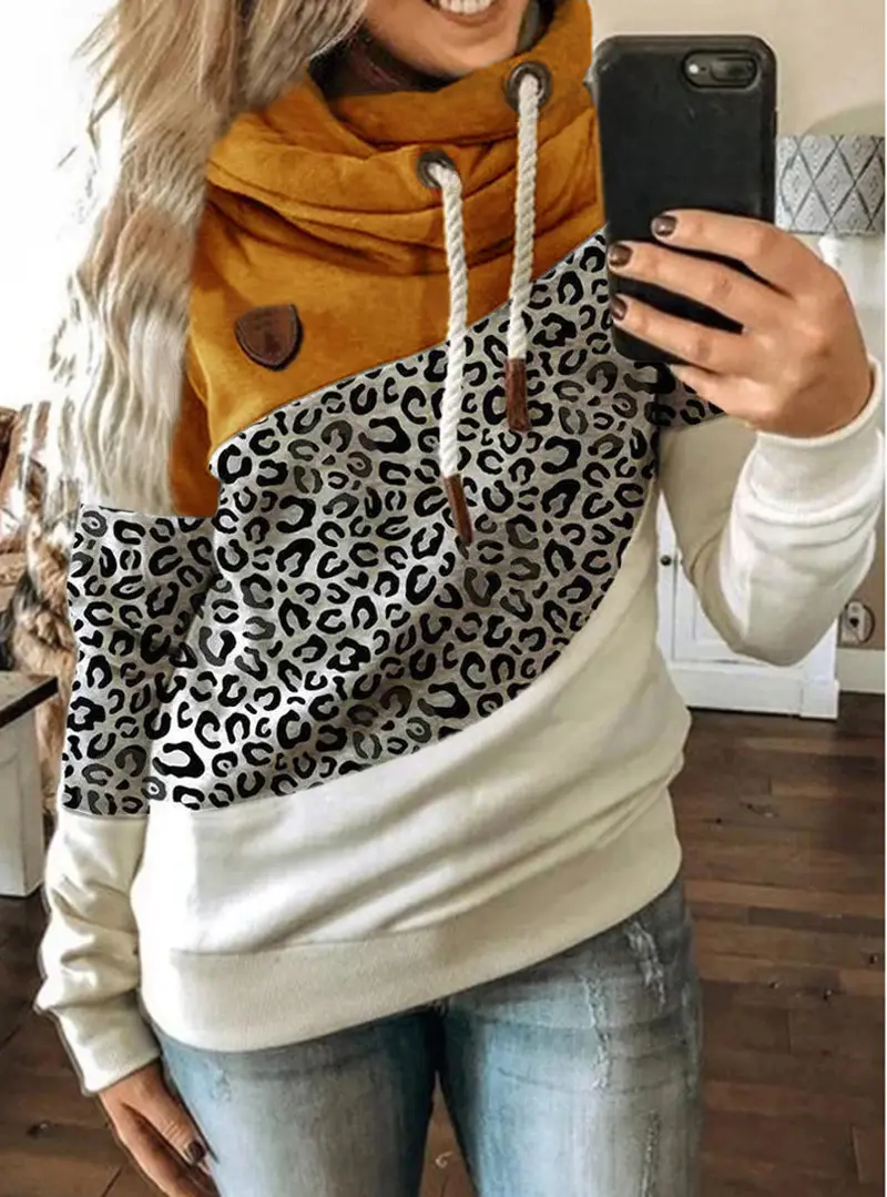 Women's Leopard Print Hooded Fleece Sweater White Beige