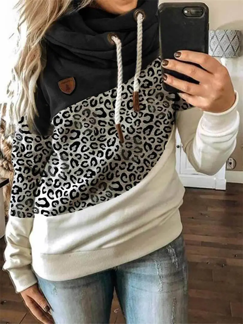 Women's Leopard Print Hooded Fleece Sweater White Beige