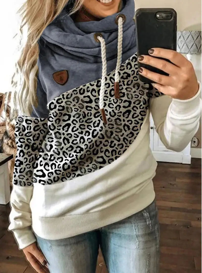 Women's Leopard Print Hooded Fleece Sweater White Beige