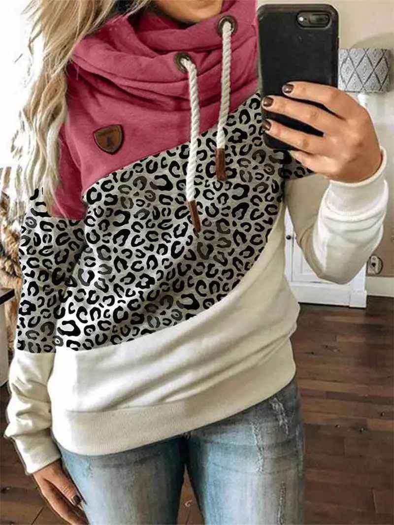 Women's Leopard Print Hooded Fleece Sweater White Beige