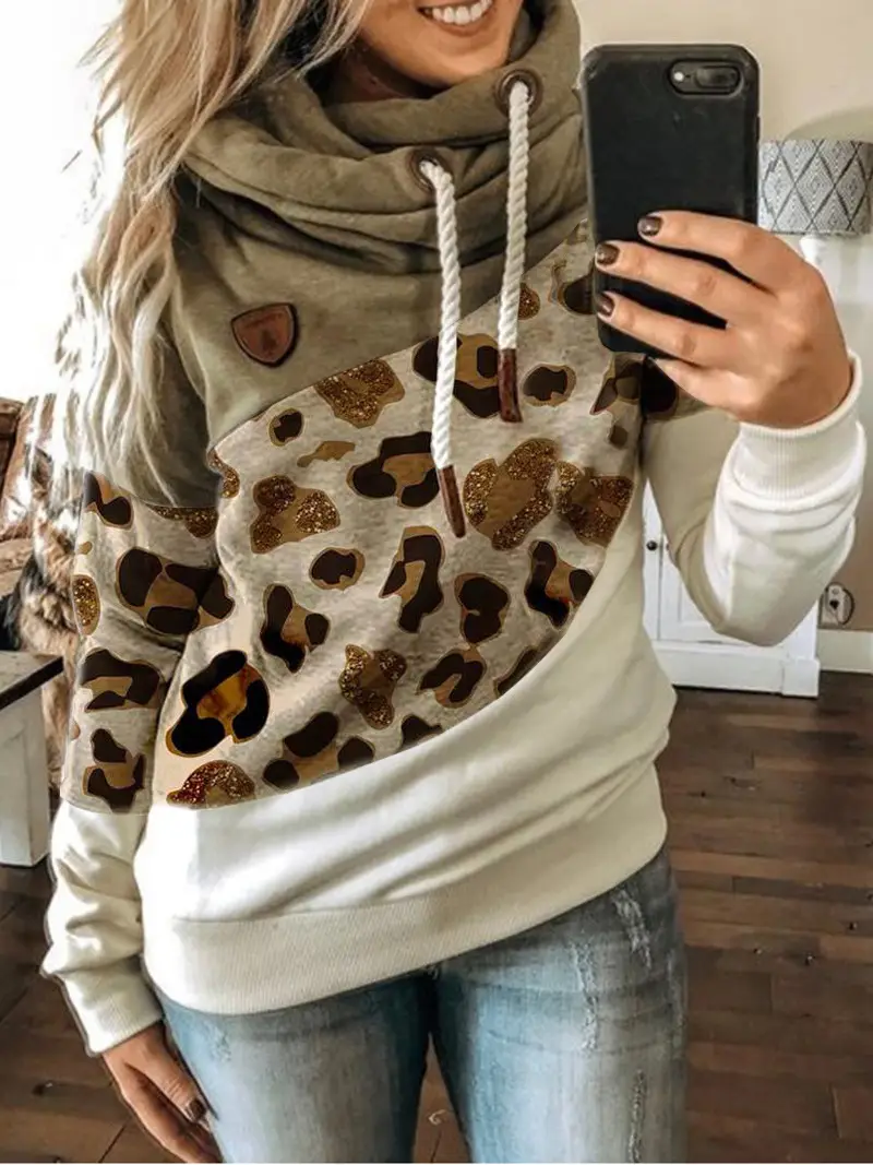 Women's Leopard Print Hooded Fleece Sweater White Beige