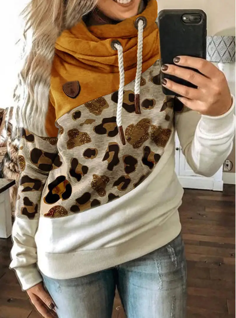 Women's Leopard Print Hooded Fleece Sweater White Beige