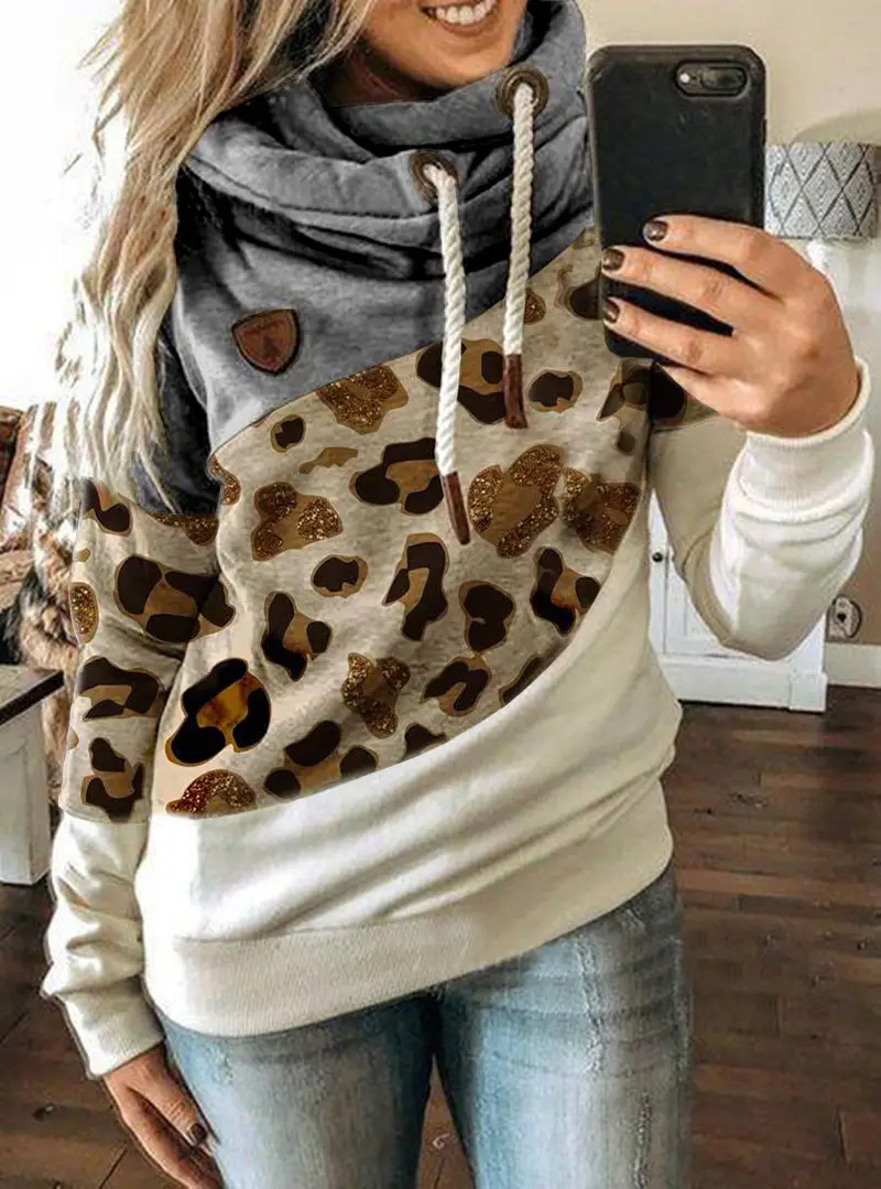 Women's Leopard Print Hooded Fleece Sweater White Beige